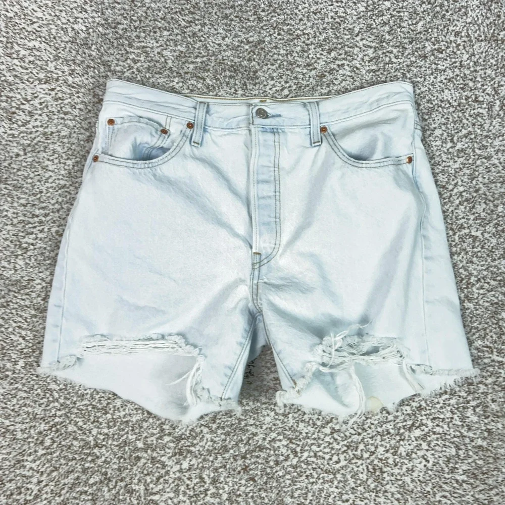 Levis 501 Shorts Womens 33 Blue‎ Denim High Rise Distressed Button Fly Cutoff